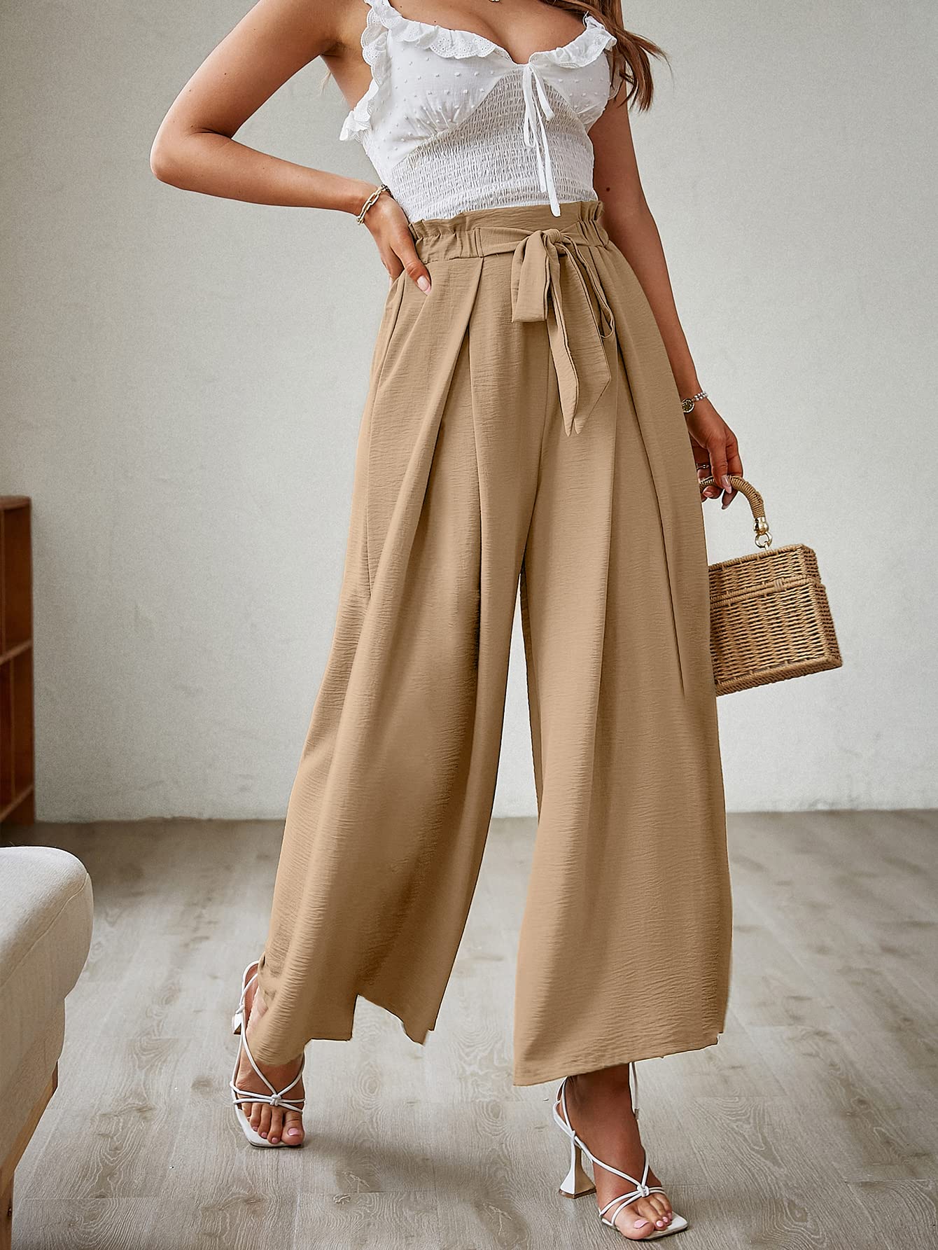 Women's Elegant Striped Split High Waisted Belted Flowy Wide Leg Pants-hivebabe.com