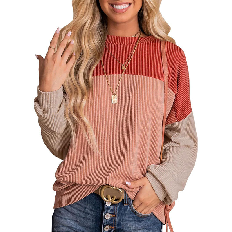 Womens Color Block Long Sleeve Crewneck Knitted Pullover Sweatshirt Tops