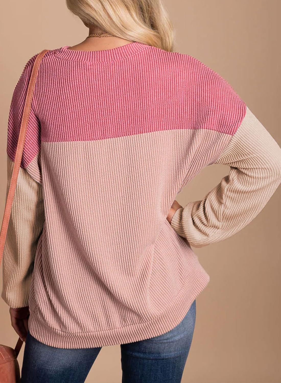 Womens Color Block Long Sleeve Crewneck Knitted Pullover Sweatshirt Tops
