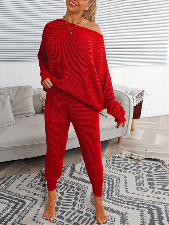 Womens Drop Shoulder Batwing Sleeve Sweater & Knit Pants Set