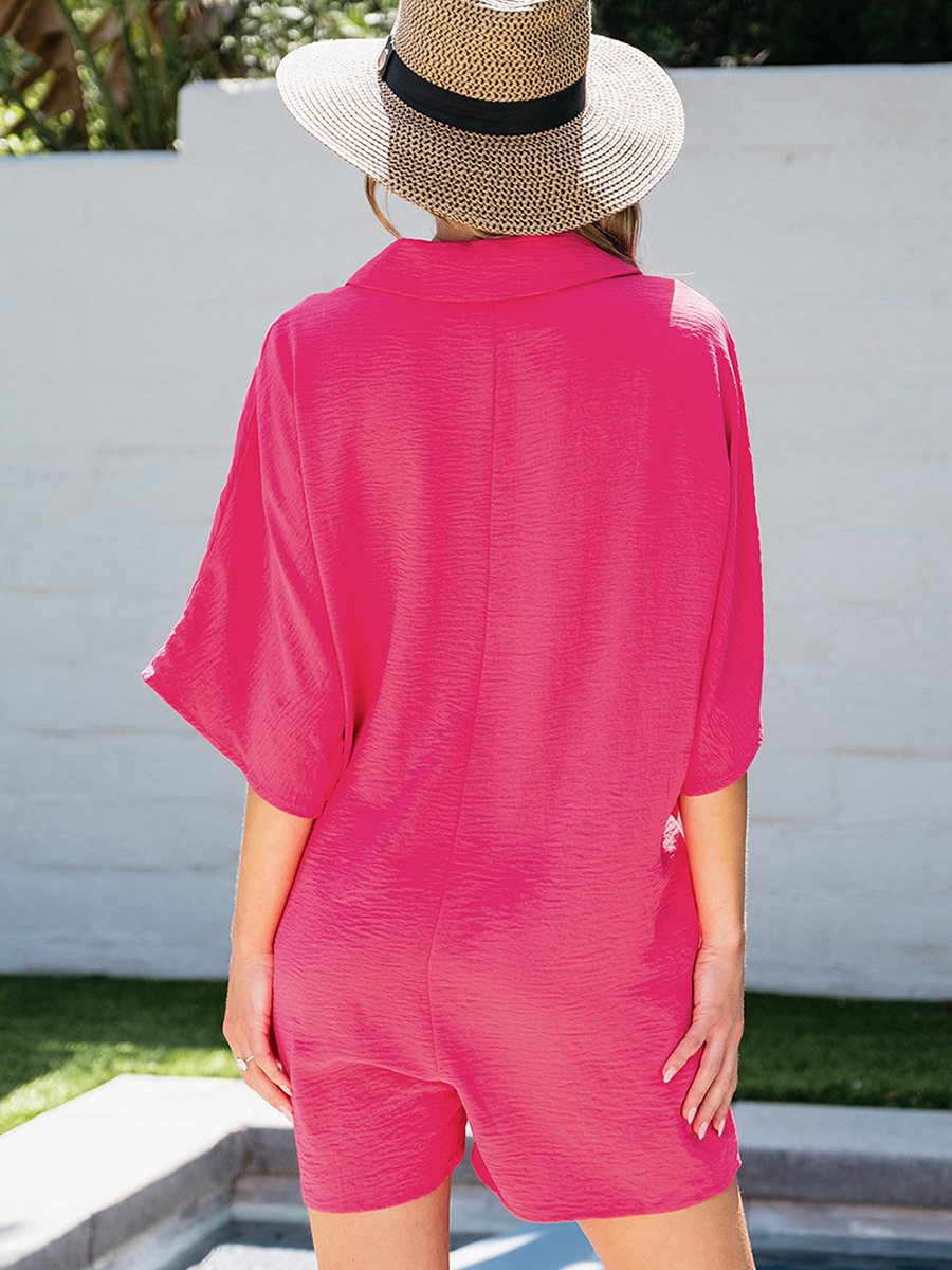 Women's Plain Pocket Button Front Shirt Jumpsuit