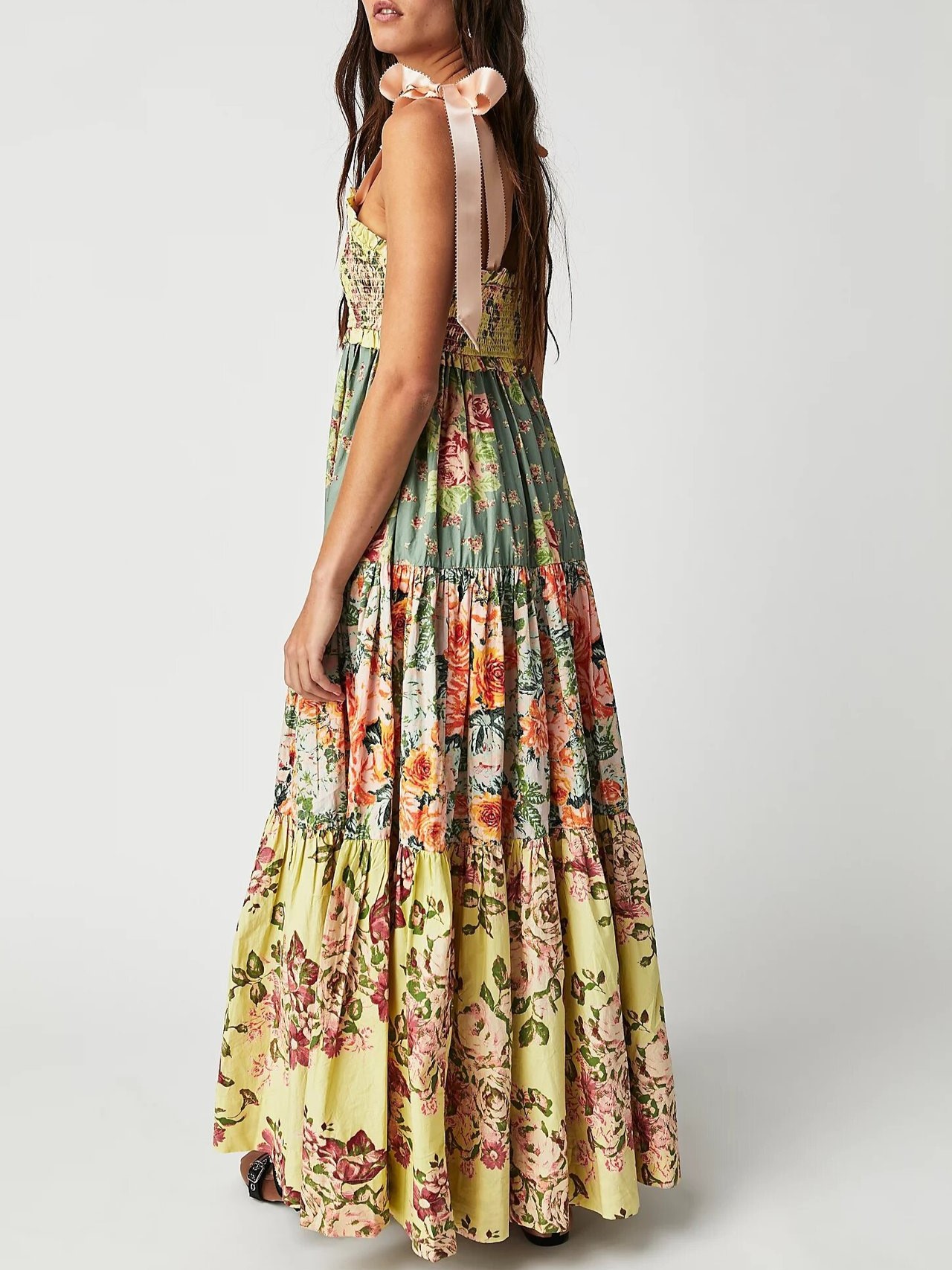 Women's Flowy Smocked Sleeveless Tie Shoulder Boho Maxi Dress