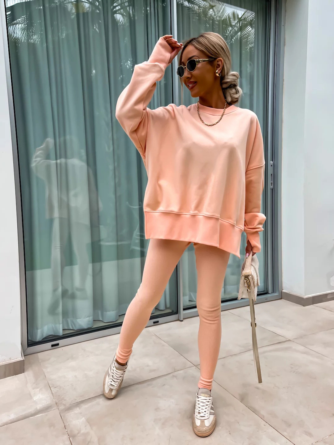 Comfy Loose Slit Sweatshirt and Elastic Waist Tight Pants Set