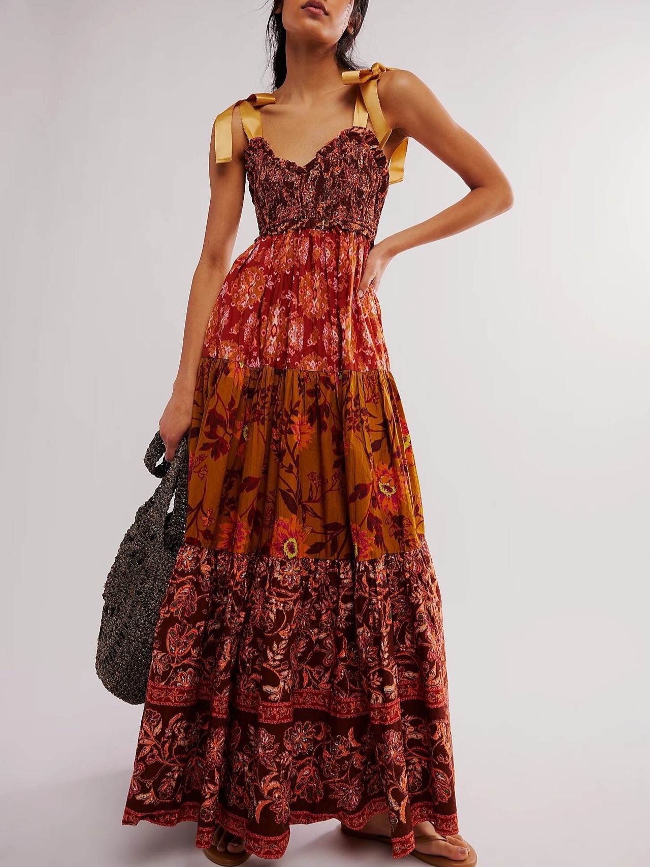 Women's Flowy Smocked Sleeveless Tie Shoulder Boho Maxi Dress