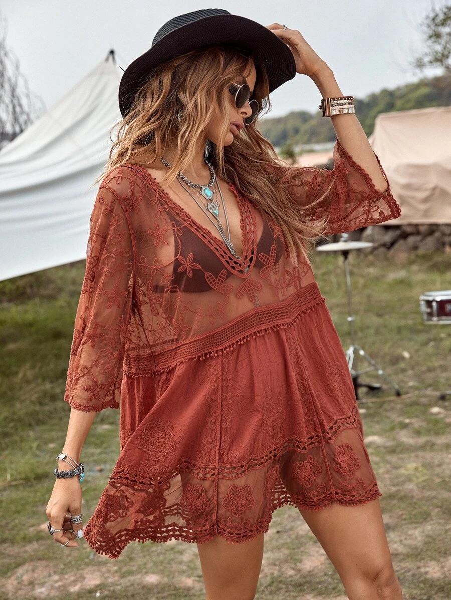 Women's Lace Bathing Suit Cover Up V-Neck Swimsuit Coverups