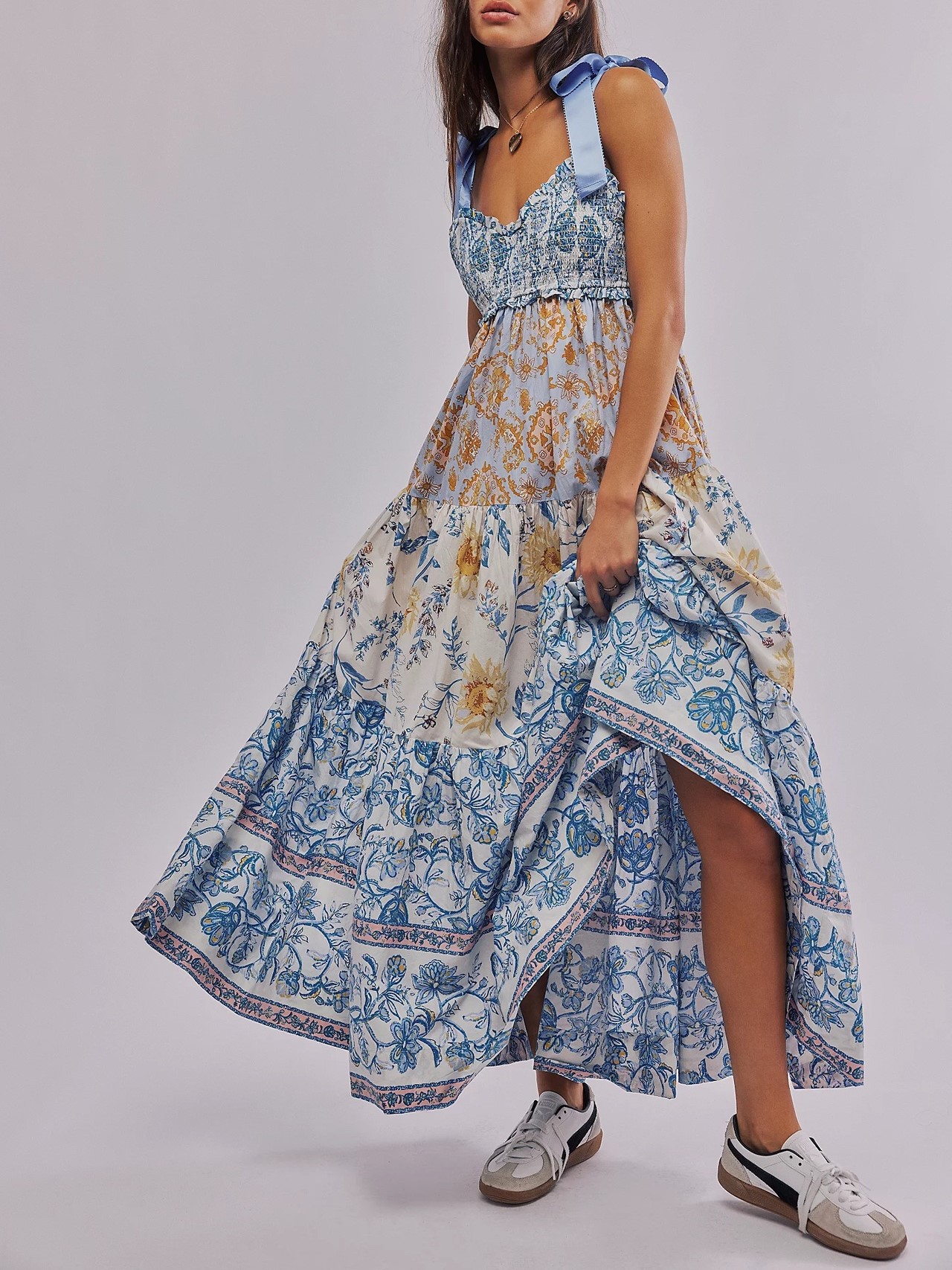 Women's Flowy Smocked Sleeveless Tie Shoulder Boho Maxi Dress