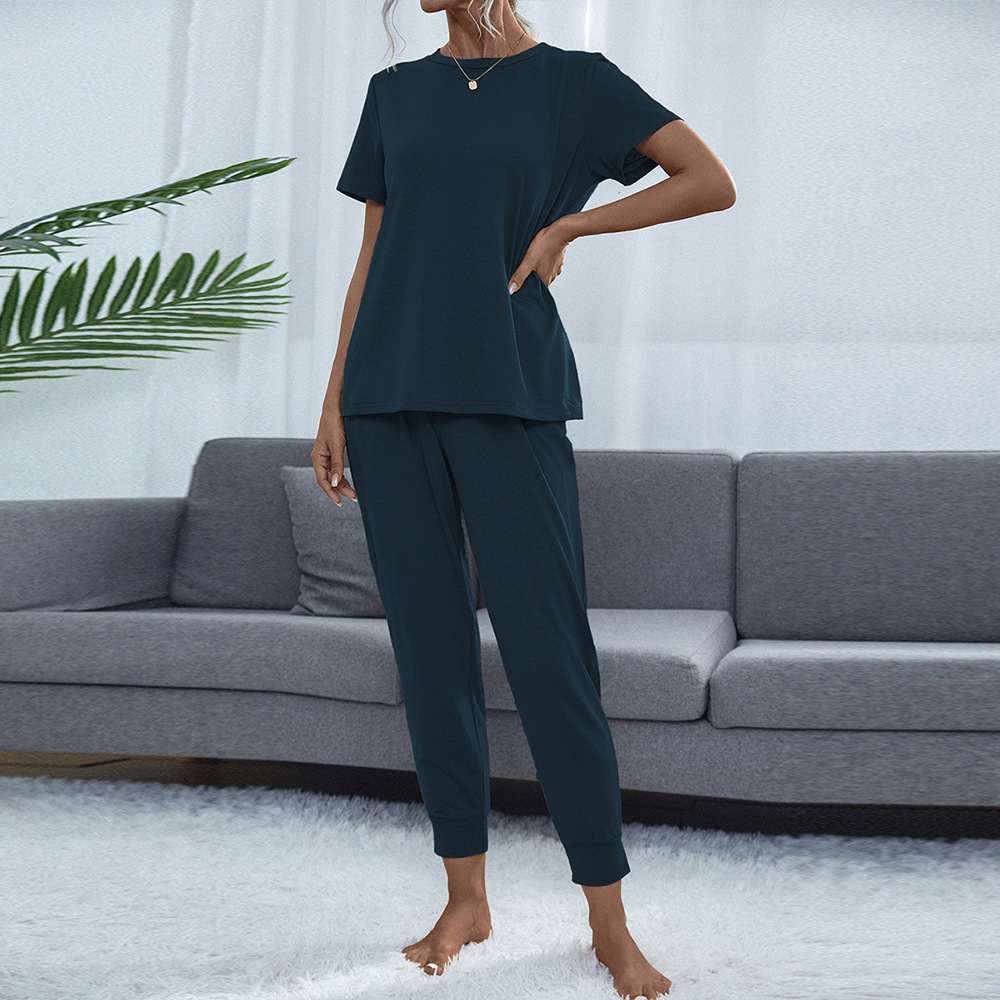 Women's Round Neck Short Sleeve Top and Pants Set