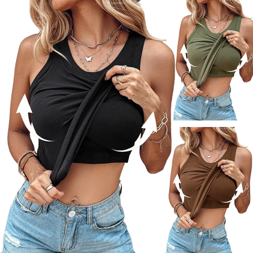 Round Neck Ribbed Tank Top With Bra Pads