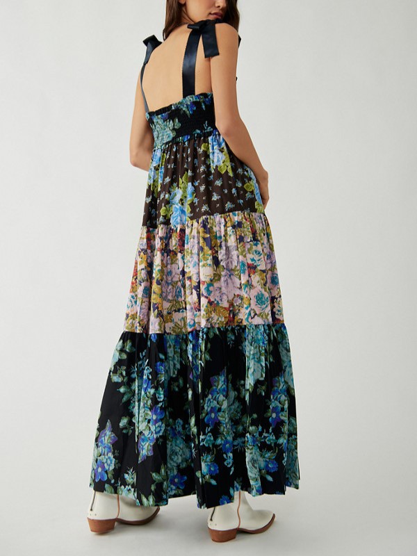 Women's Flowy Smocked Sleeveless Tie Shoulder Boho Maxi Dress