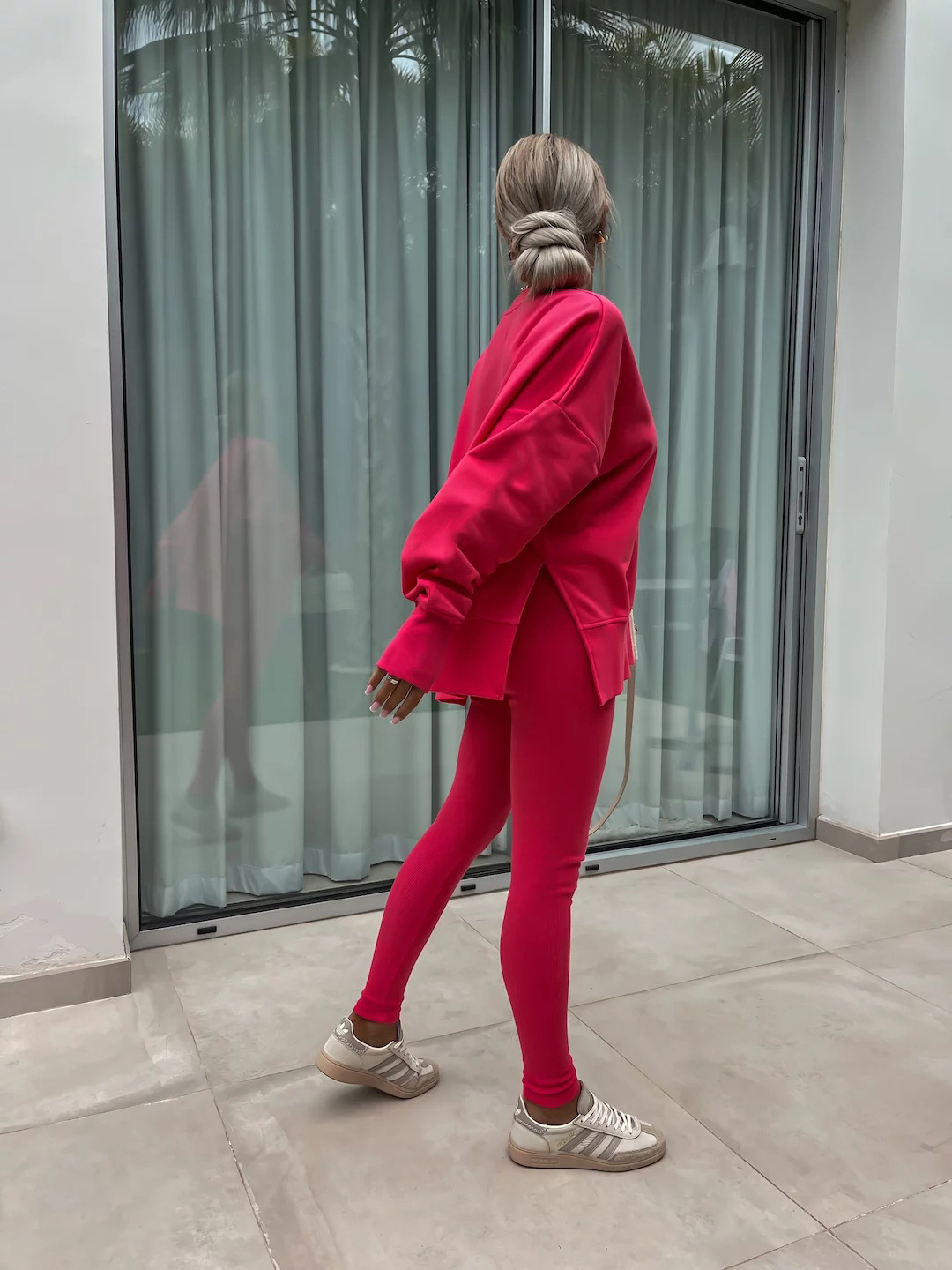 Comfy Loose Slit Sweatshirt and Elastic Waist Tight Pants Set