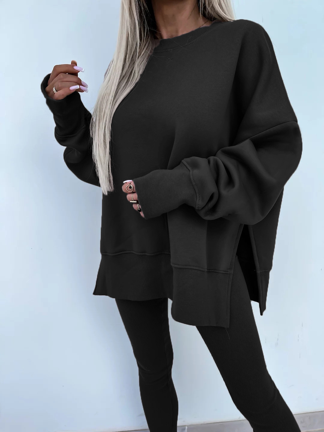 Comfy Loose Slit Sweatshirt and Elastic Waist Tight Pants Set