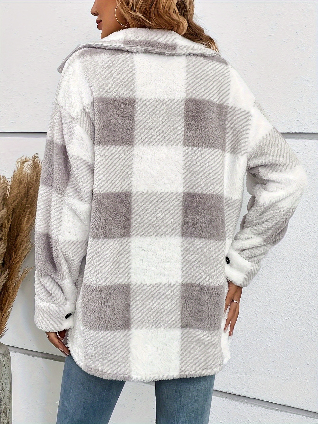 Women's Plaid Print Drop Shoulder Flap Pocket Teddy Coat jackets(BUY 2 FREE SHIPPING)