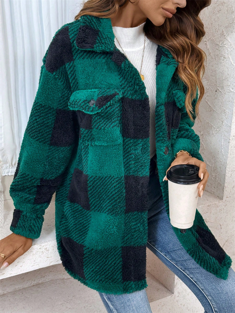 Women's Plaid Print Drop Shoulder Flap Pocket Teddy Coat jackets(BUY 2 FREE SHIPPING)