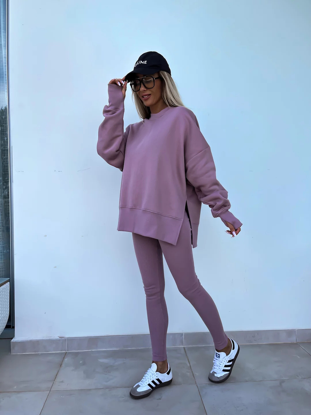 Comfy Loose Slit Sweatshirt and Elastic Waist Tight Pants Set