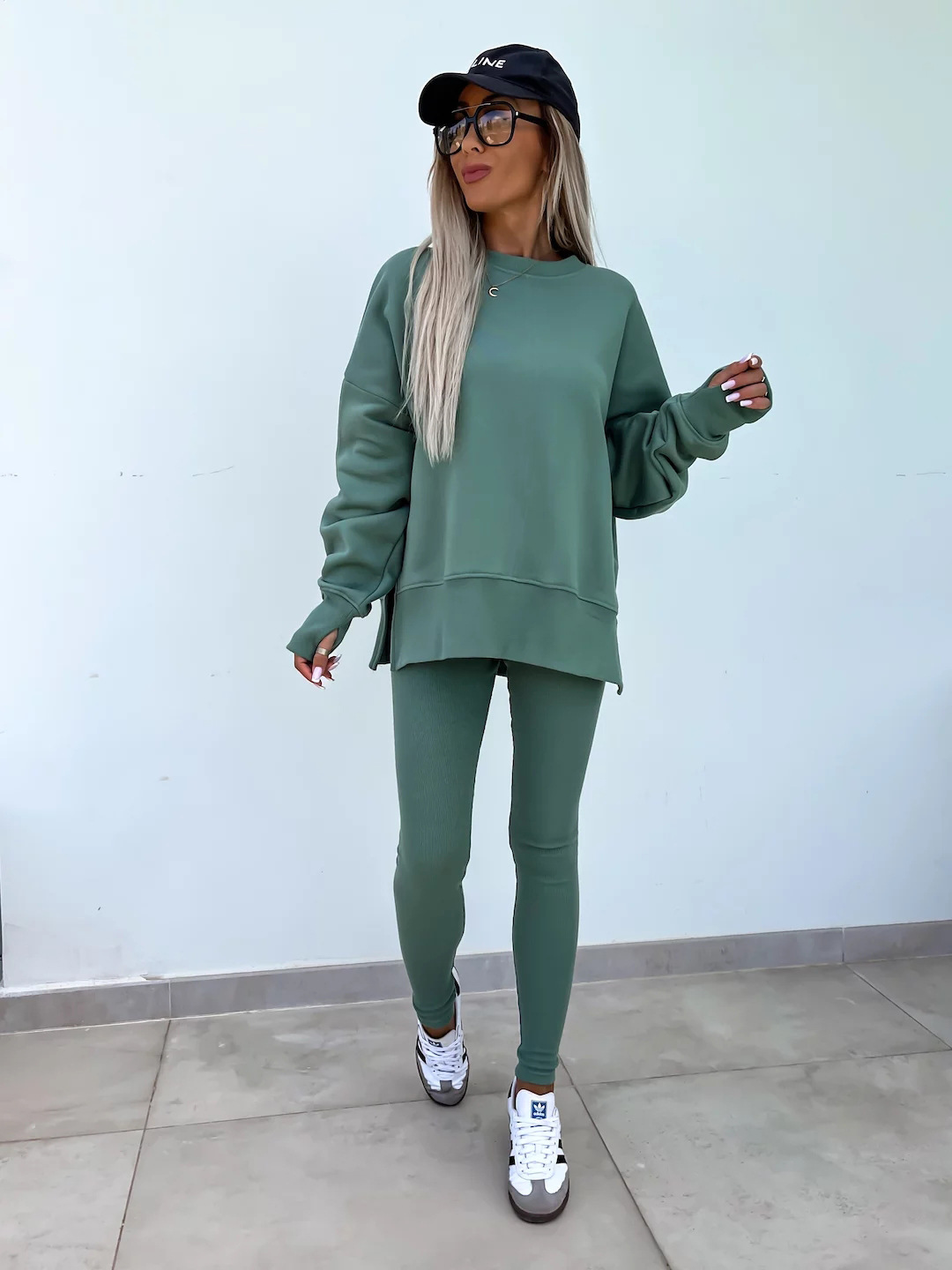 Comfy Loose Slit Sweatshirt and Elastic Waist Tight Pants Set