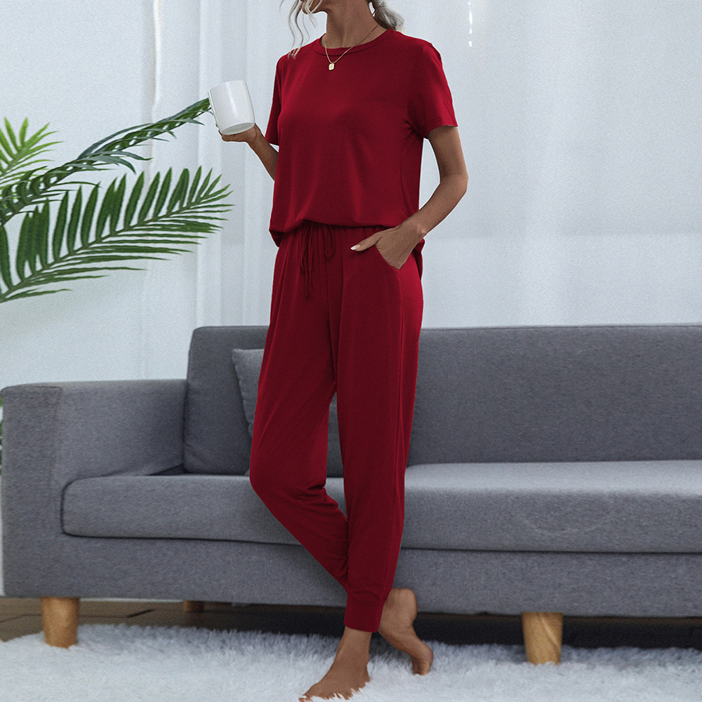 Women's Round Neck Short Sleeve Top and Pants Set