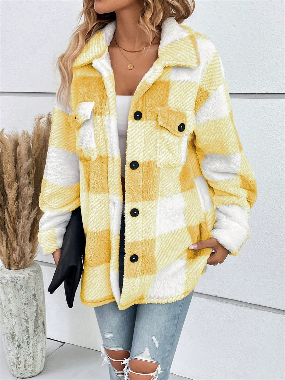 Women's Plaid Print Drop Shoulder Flap Pocket Teddy Coat jackets(BUY 2 FREE SHIPPING)
