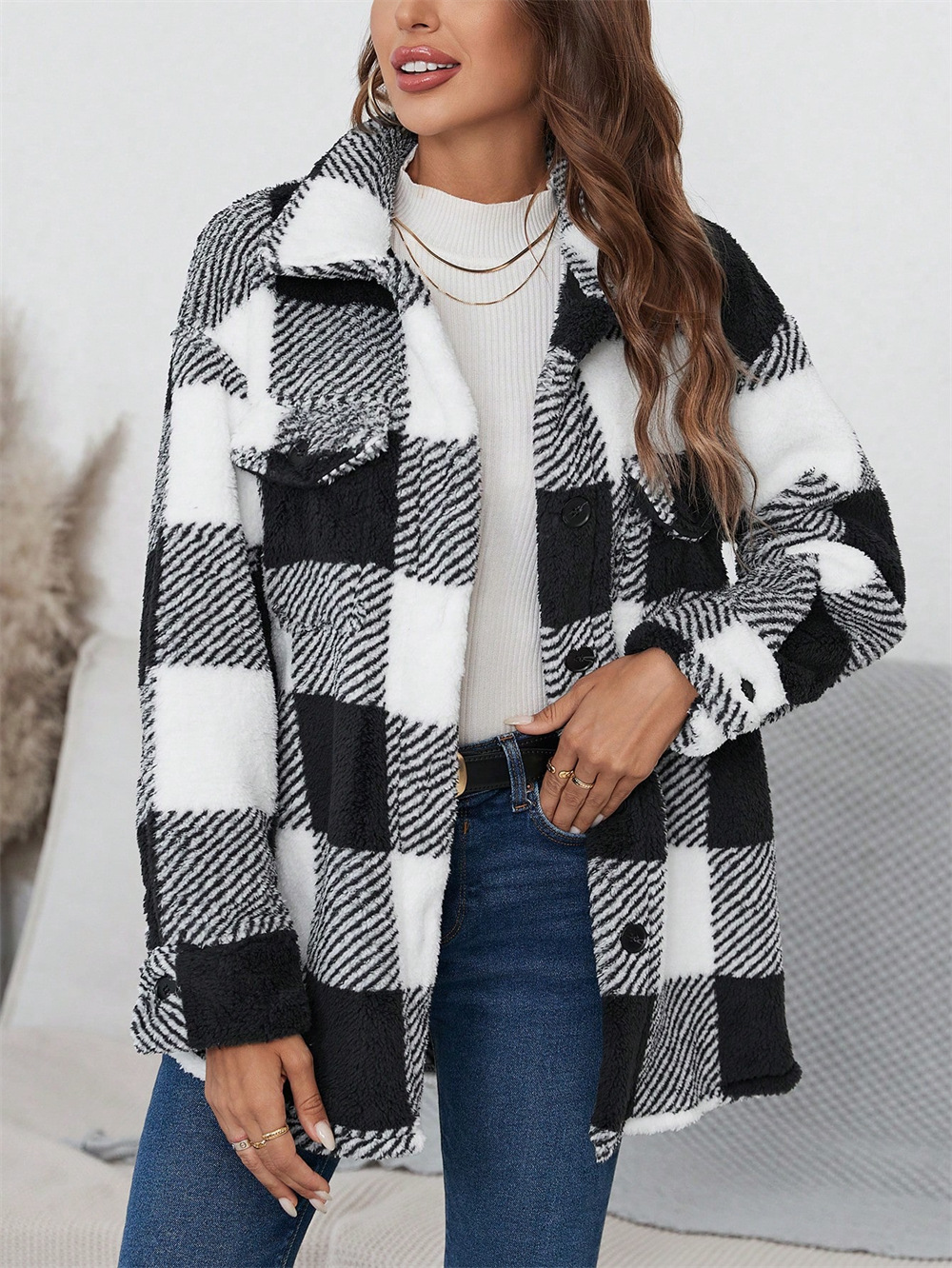 Women's Plaid Print Drop Shoulder Flap Pocket Teddy Coat jackets(BUY 2 FREE SHIPPING)