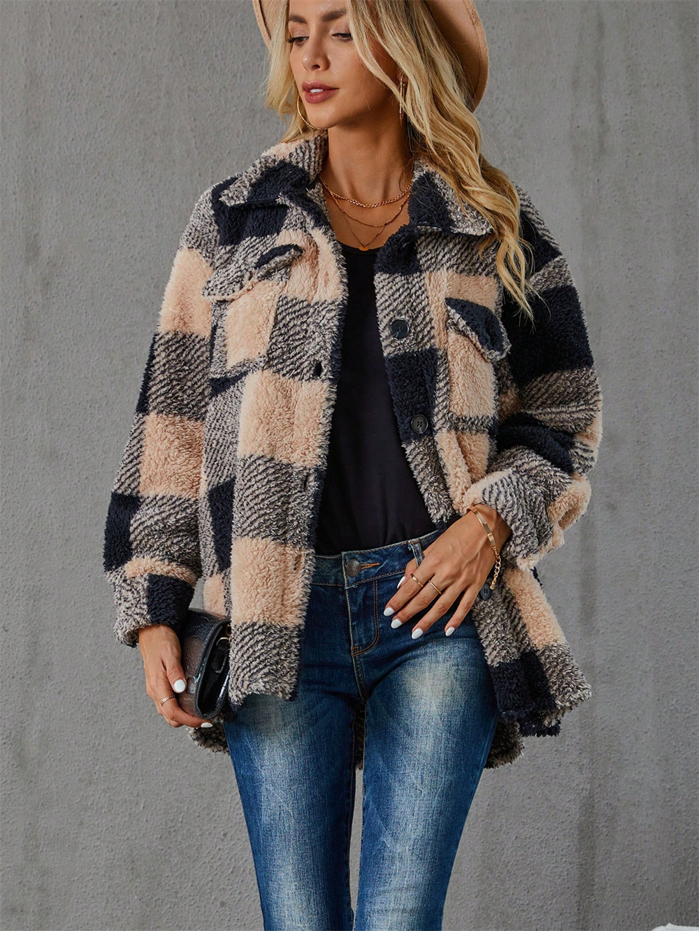 Women's Plaid Print Drop Shoulder Flap Pocket Teddy Coat jackets(BUY 2 FREE SHIPPING)