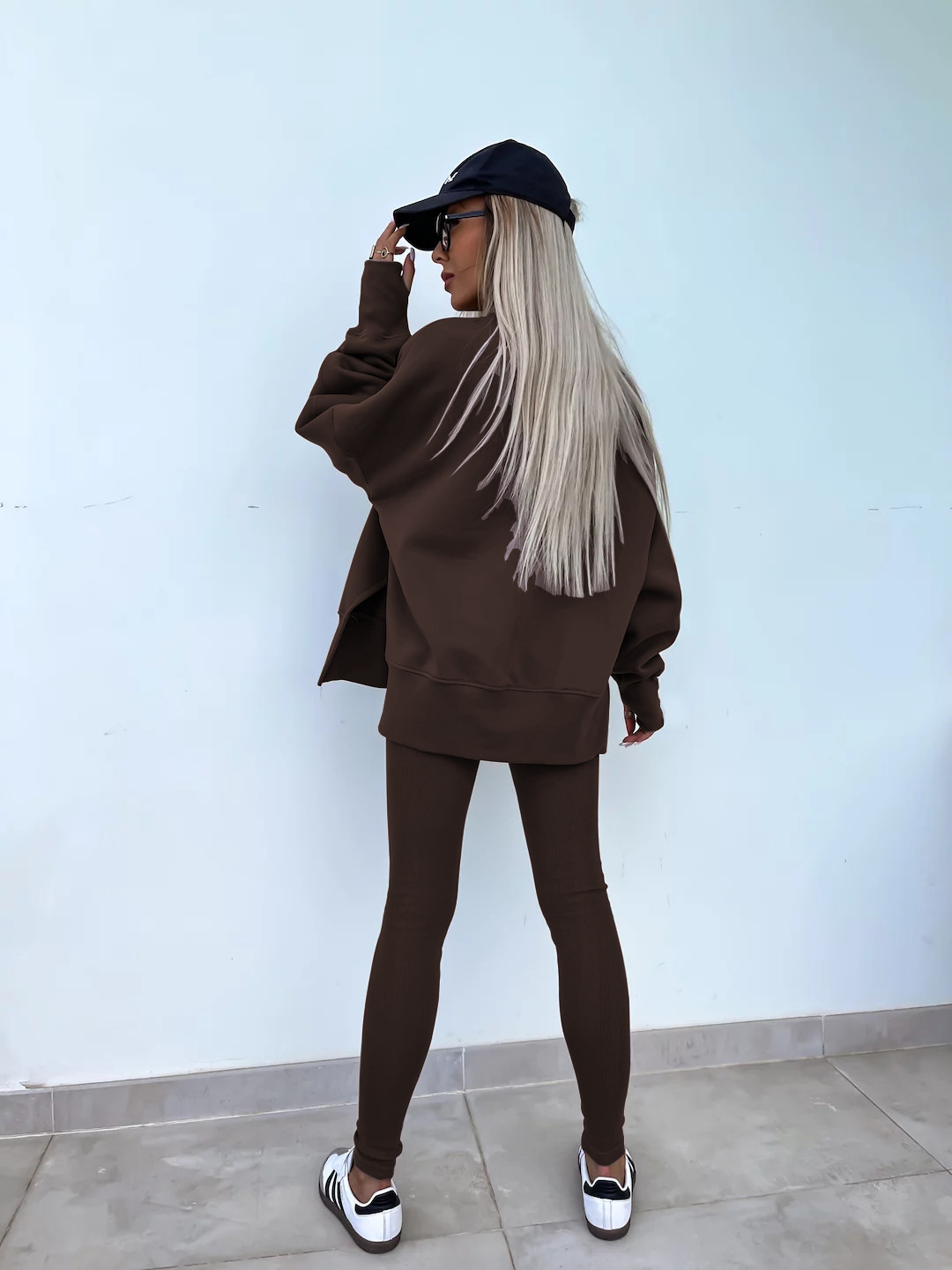 Comfy Loose Slit Sweatshirt and Elastic Waist Tight Pants Set