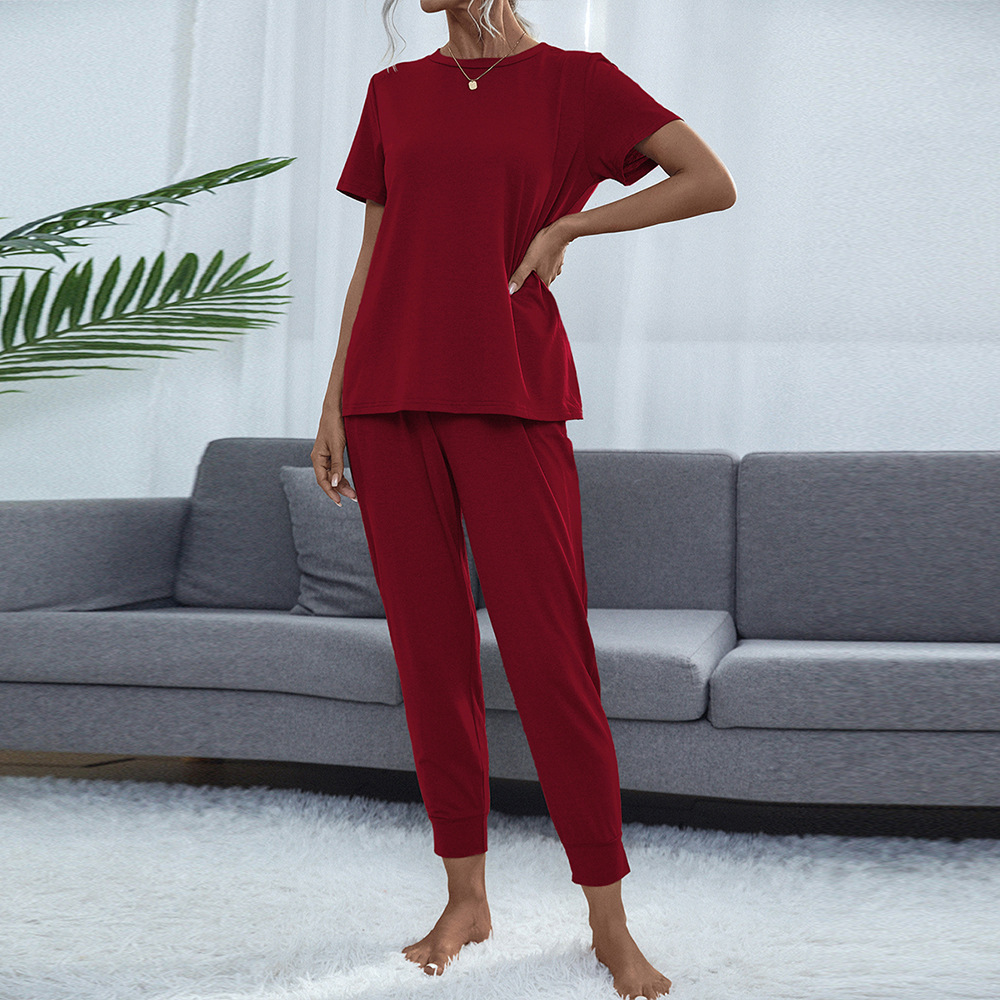 Women's Round Neck Short Sleeve Top and Pants Set
