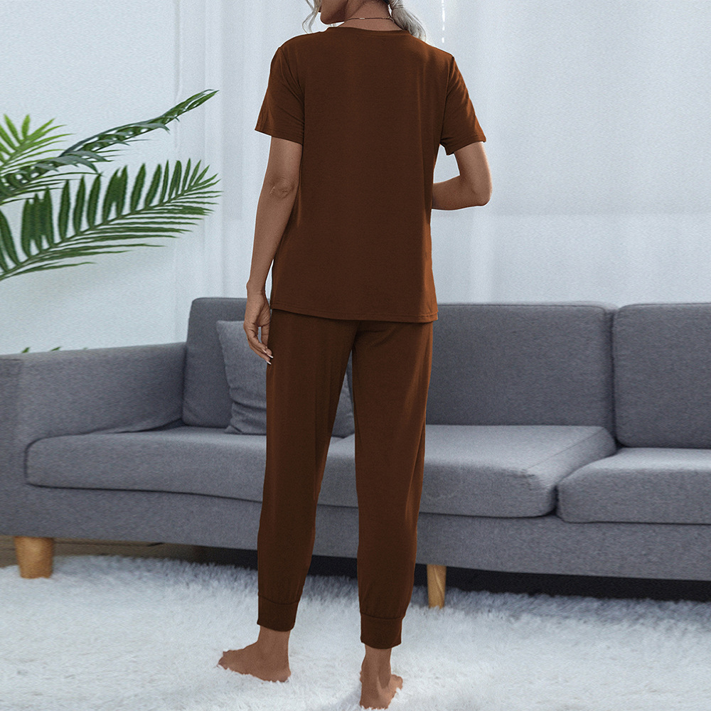 Women's Round Neck Short Sleeve Top and Pants Set