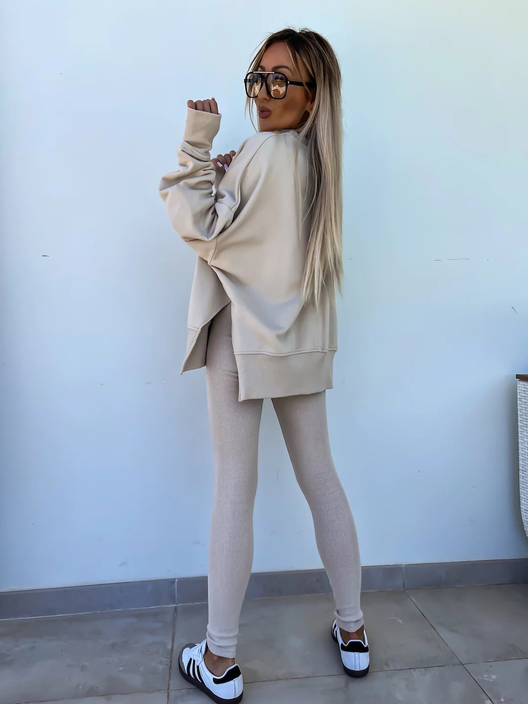 Comfy Loose Slit Sweatshirt and Elastic Waist Tight Pants Set