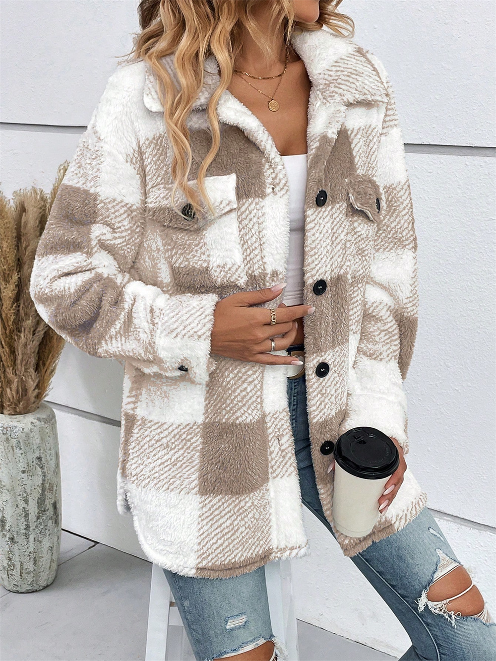 Women's Plaid Print Drop Shoulder Flap Pocket Teddy Coat jackets(BUY 2 FREE SHIPPING)