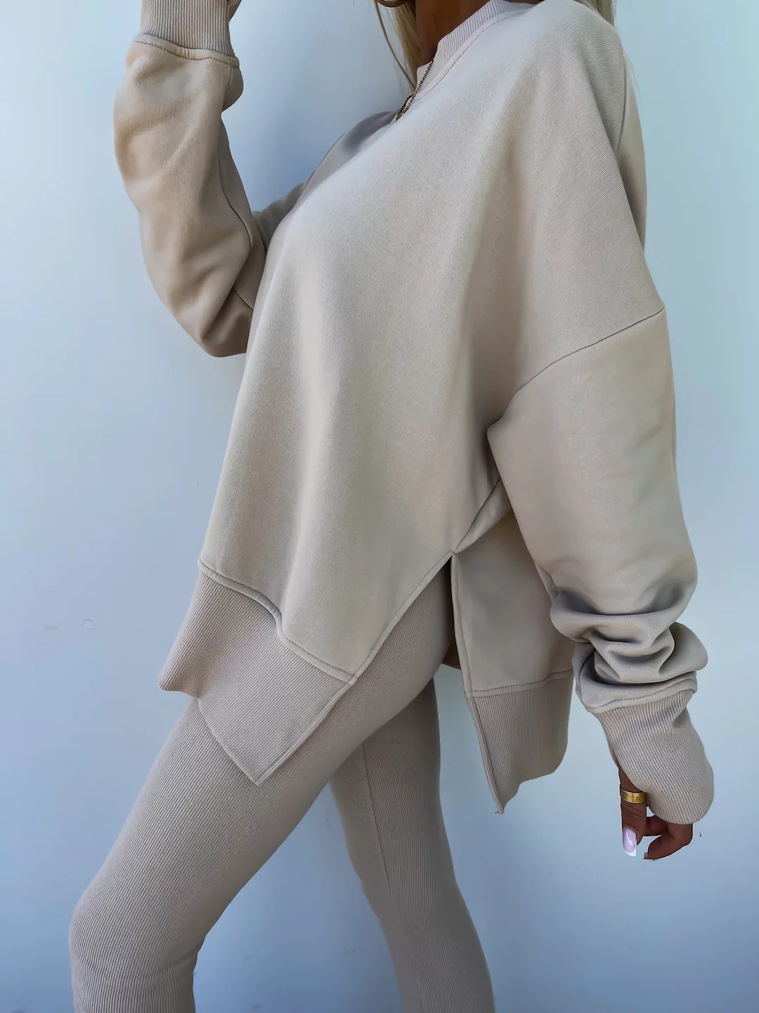 Comfy Loose Slit Sweatshirt and Elastic Waist Tight Pants Set