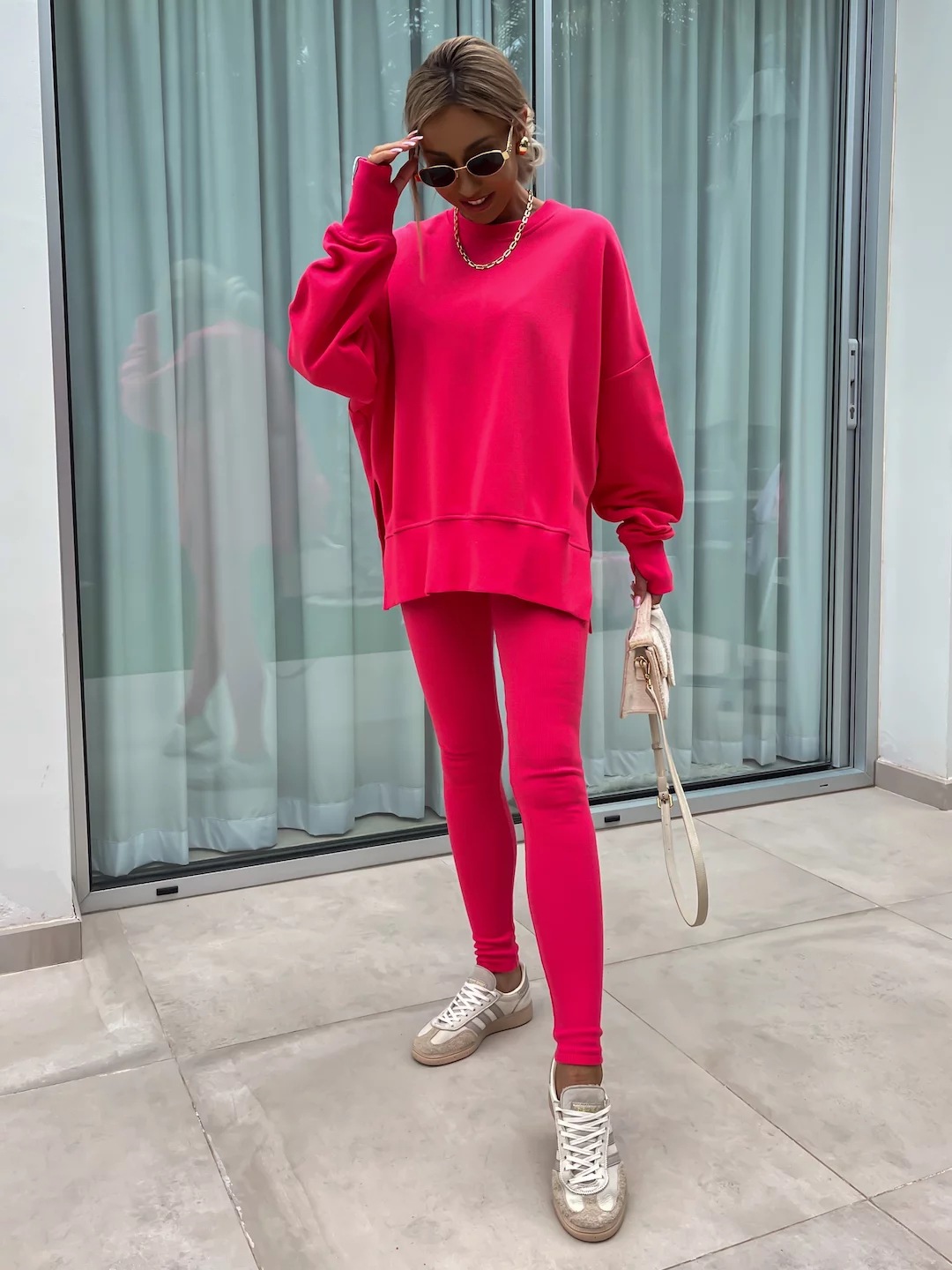 Comfy Loose Slit Sweatshirt and Elastic Waist Tight Pants Set
