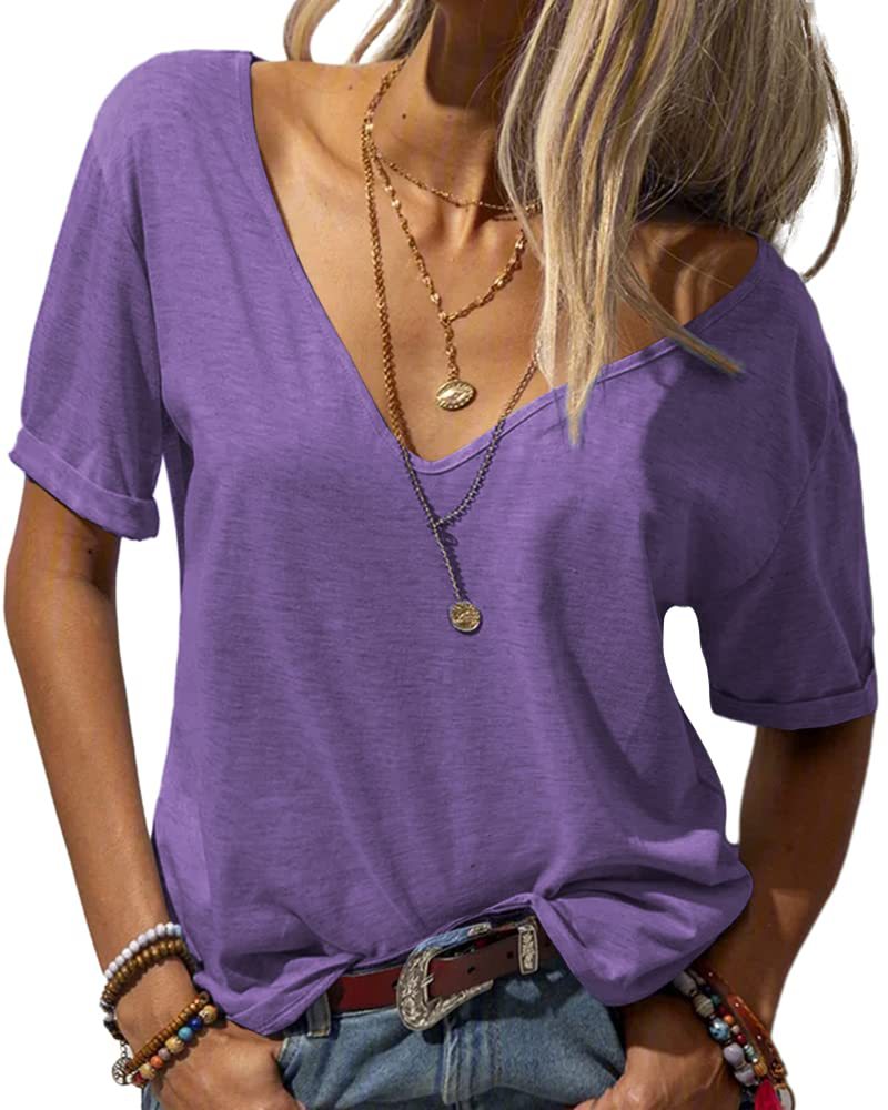 Womens Basic Solid Deep V-Neck Short Sleeve Tee