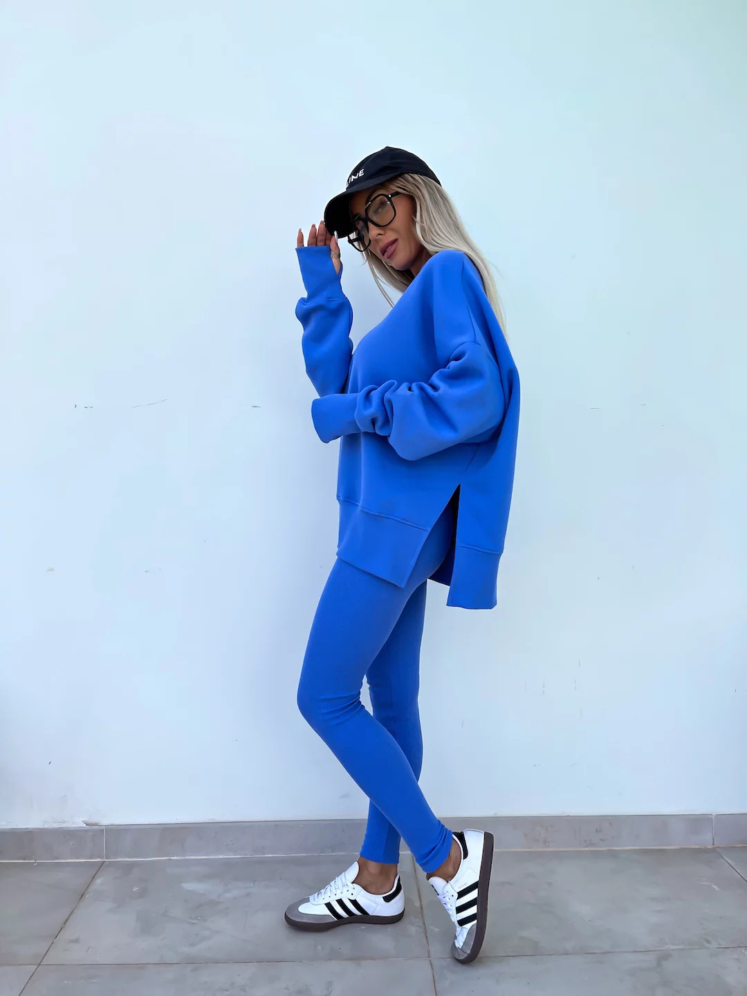 Comfy Loose Slit Sweatshirt and Elastic Waist Tight Pants Set