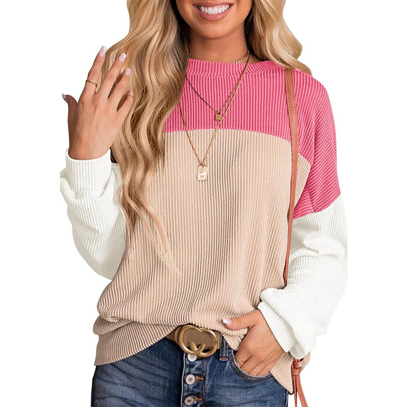 Womens Color Block Long Sleeve Crewneck Knitted Pullover Sweatshirt Tops