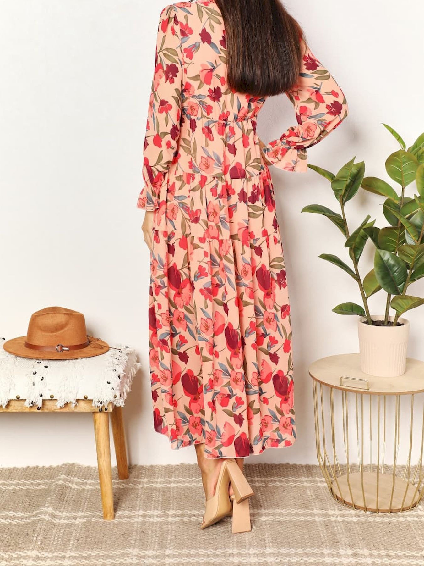 Women's Casual Boho Floral Printed V Neck Long Sleeve Dress
