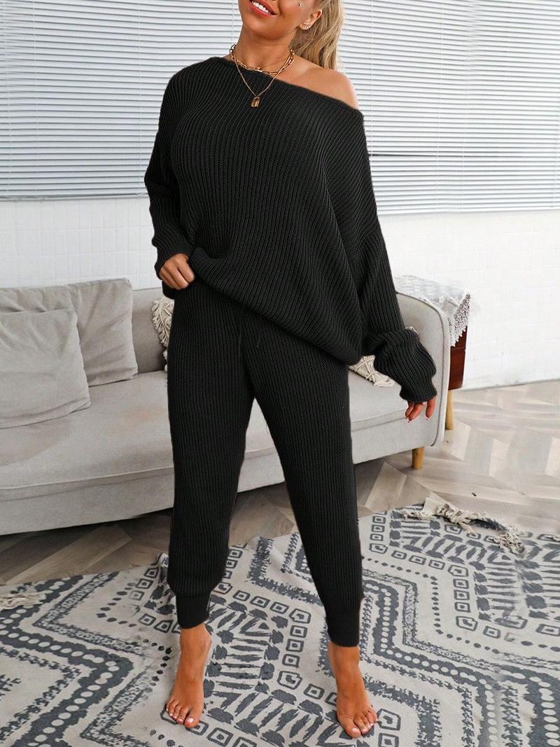 Womens Drop Shoulder Batwing Sleeve Sweater & Knit Pants Set