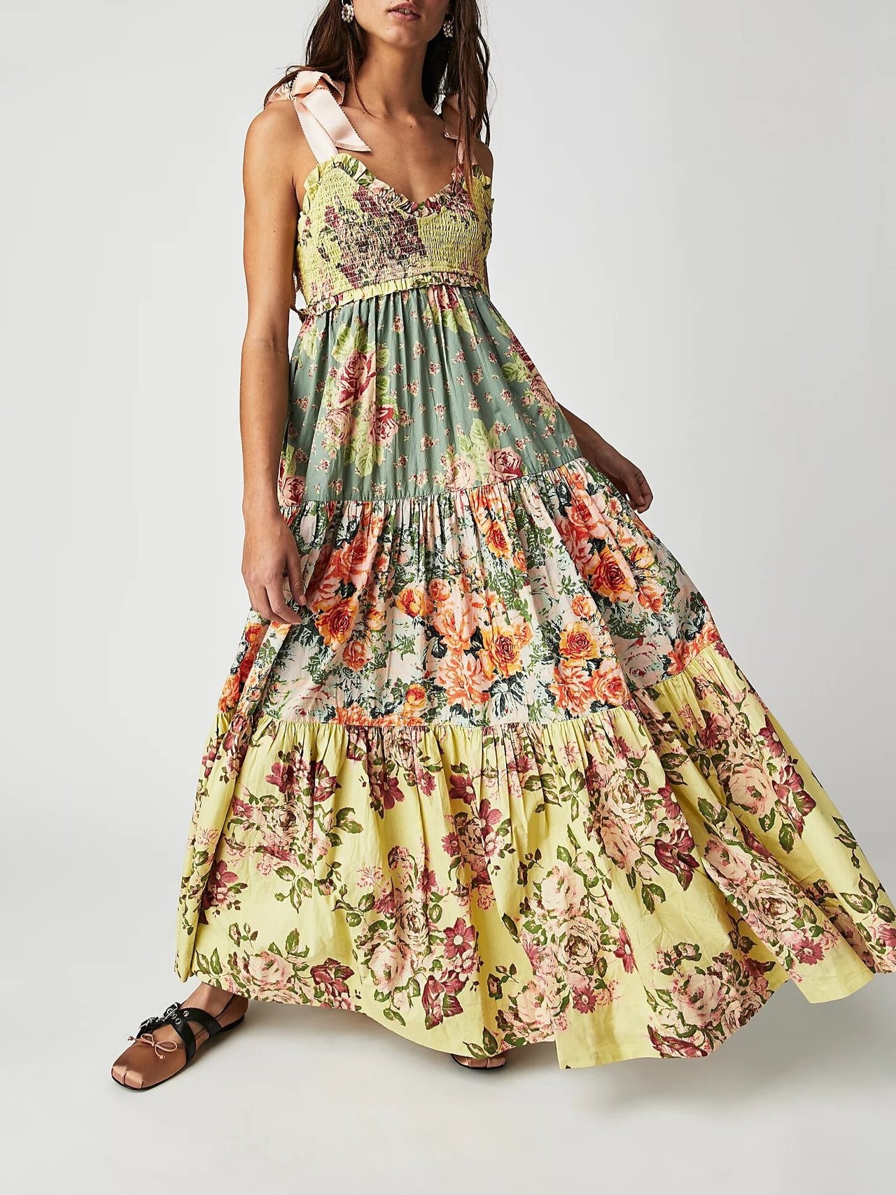 Women's Flowy Smocked Sleeveless Tie Shoulder Boho Maxi Dress