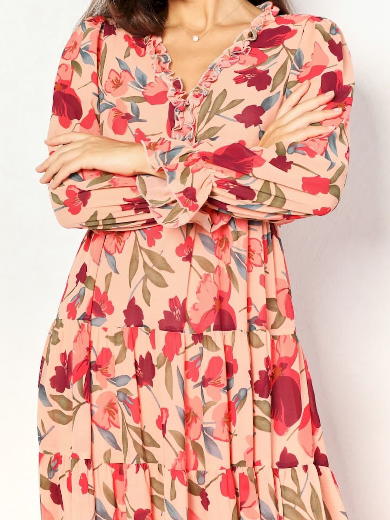 Women's Casual Boho Floral Printed V Neck Long Sleeve Dress