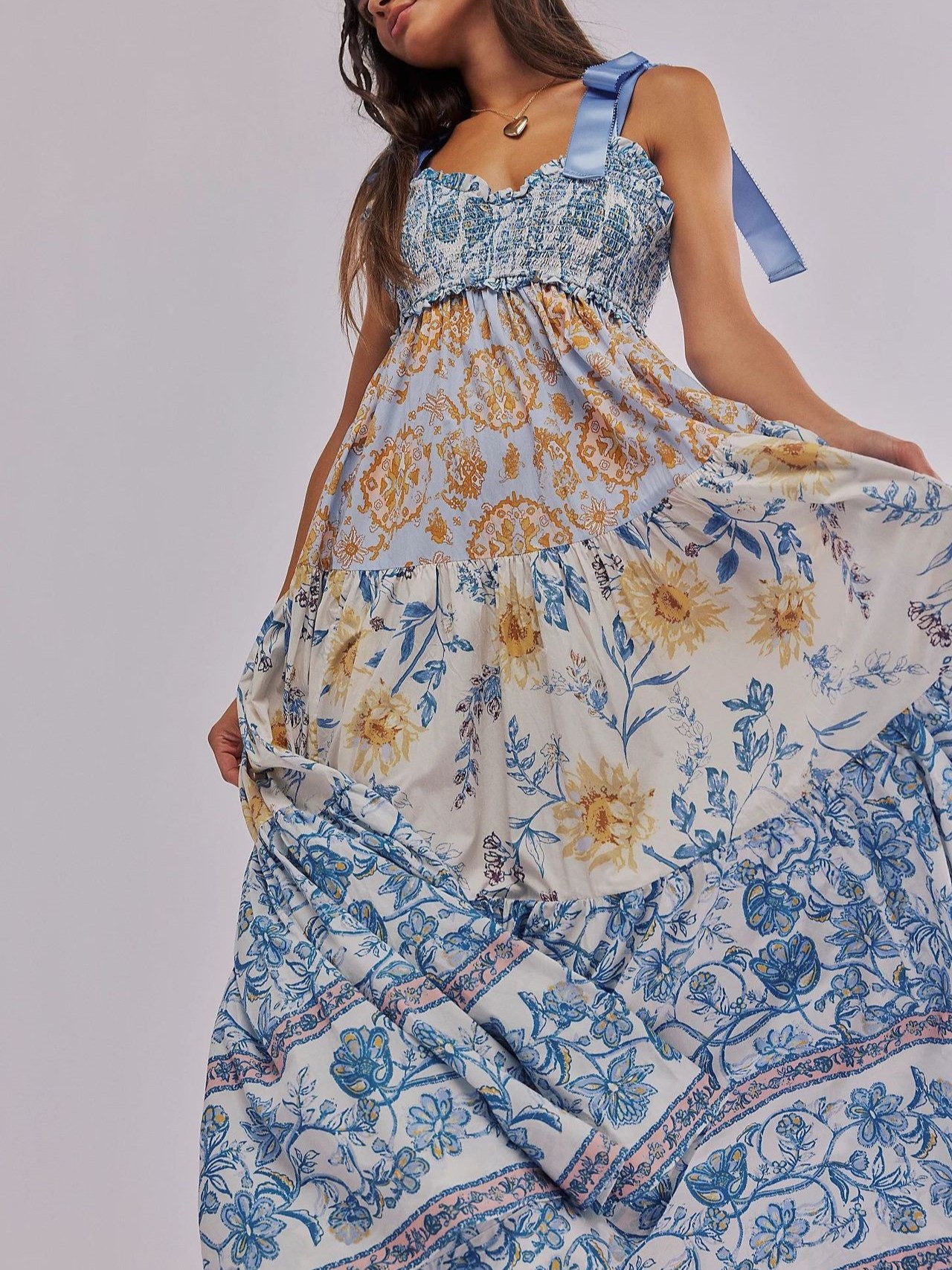 Women's Flowy Smocked Sleeveless Tie Shoulder Boho Maxi Dress