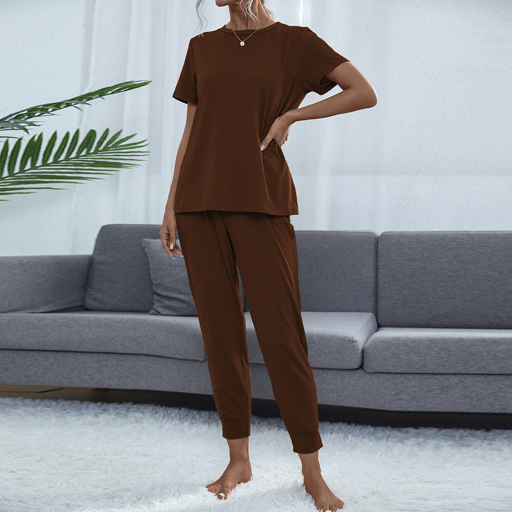 Women's Round Neck Short Sleeve Top and Pants Set