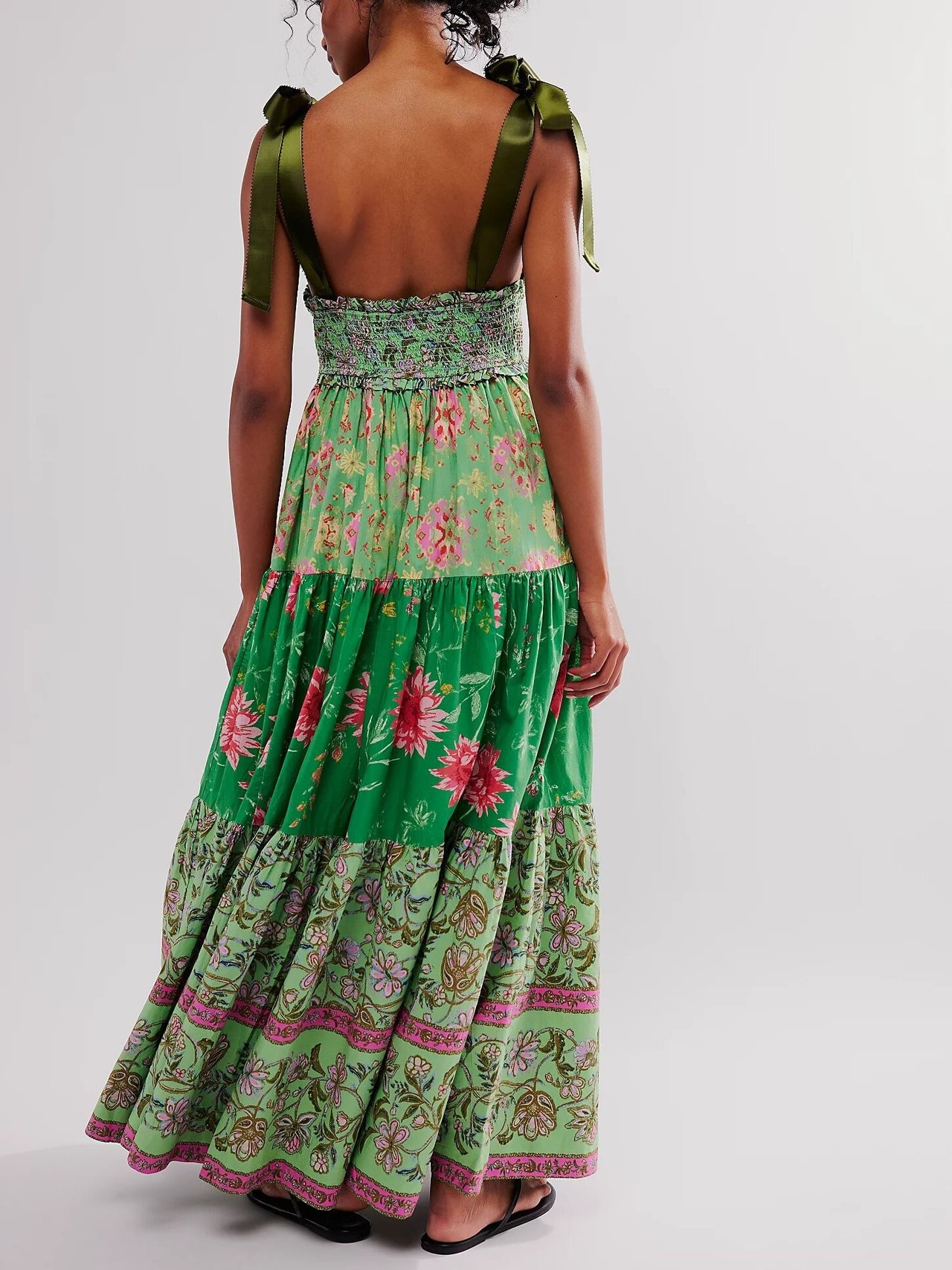 Women's Flowy Smocked Sleeveless Tie Shoulder Boho Maxi Dress