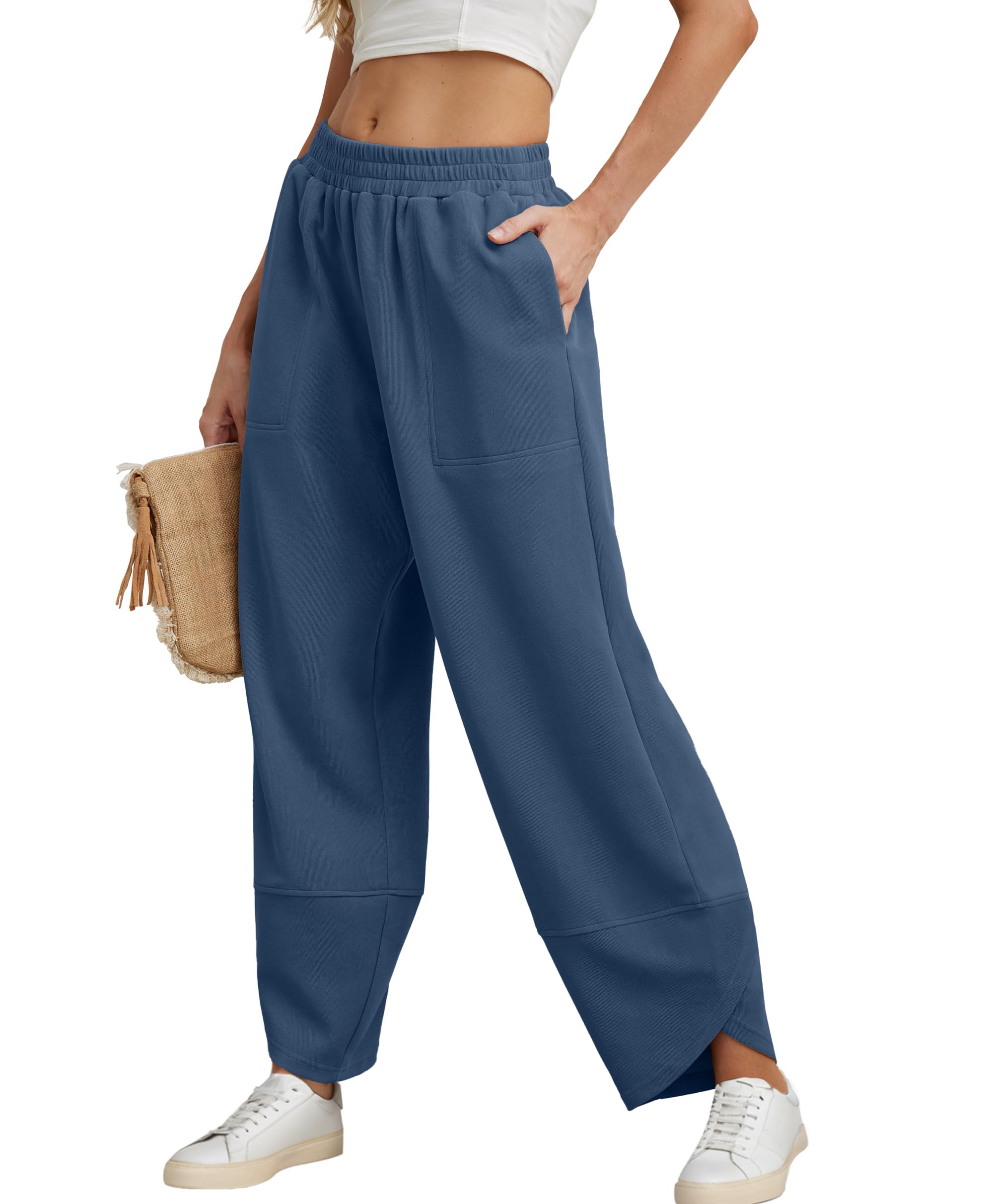 Women's Cotton Elastic Waisted Baggy Wide Leg Pants With Pockets