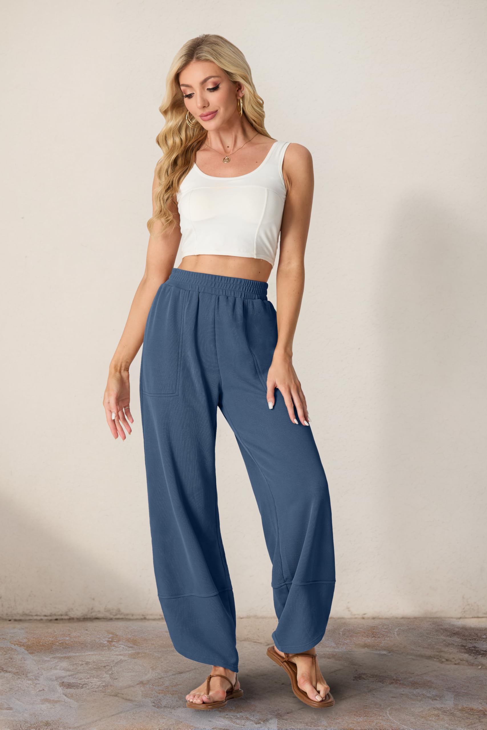 Women's Cotton Elastic Waisted Baggy Wide Leg Pants With Pockets