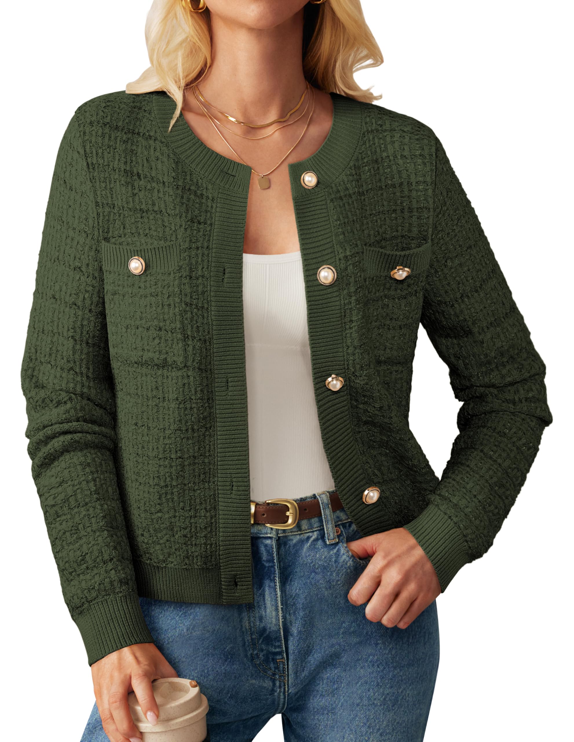 Womens Open Front Button Down Texture Knit Cardigan Sweaters with Pockets
