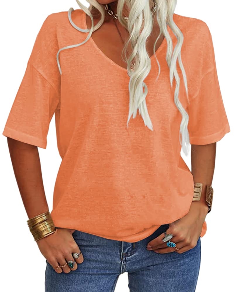 Women's Solid V-Neck Half Sleeves Oversized T Shirt