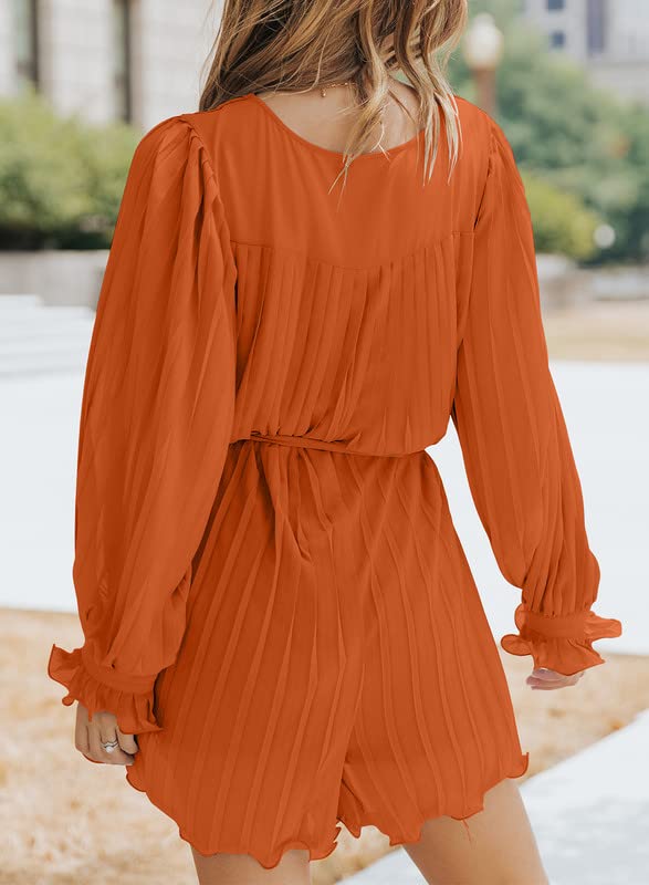 Womens Summer Rompers-Buttons V Neck Tie Waist Flared Pleated Drape Long Sleeve