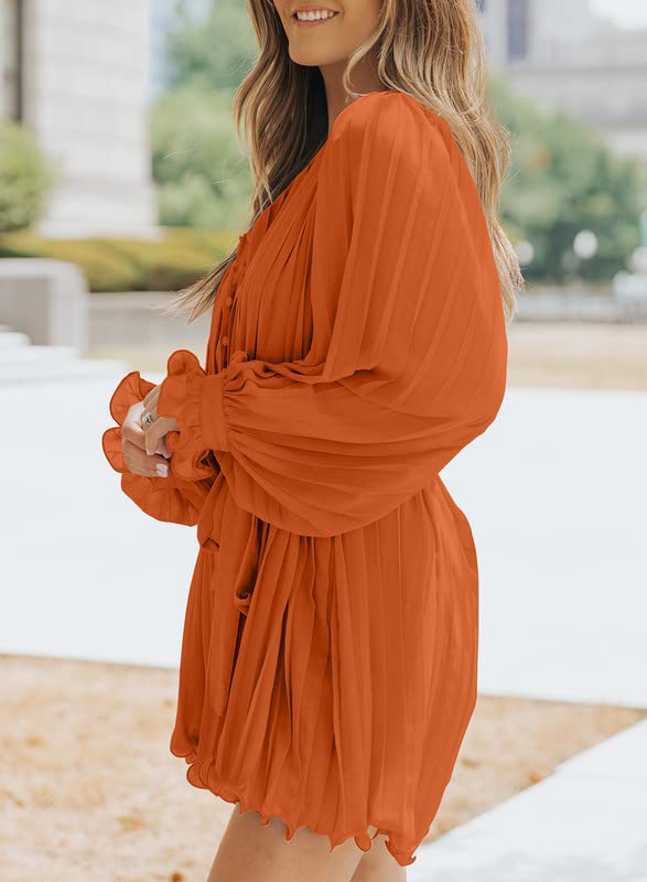 Womens Summer Rompers-Buttons V Neck Tie Waist Flared Pleated Drape Long Sleeve