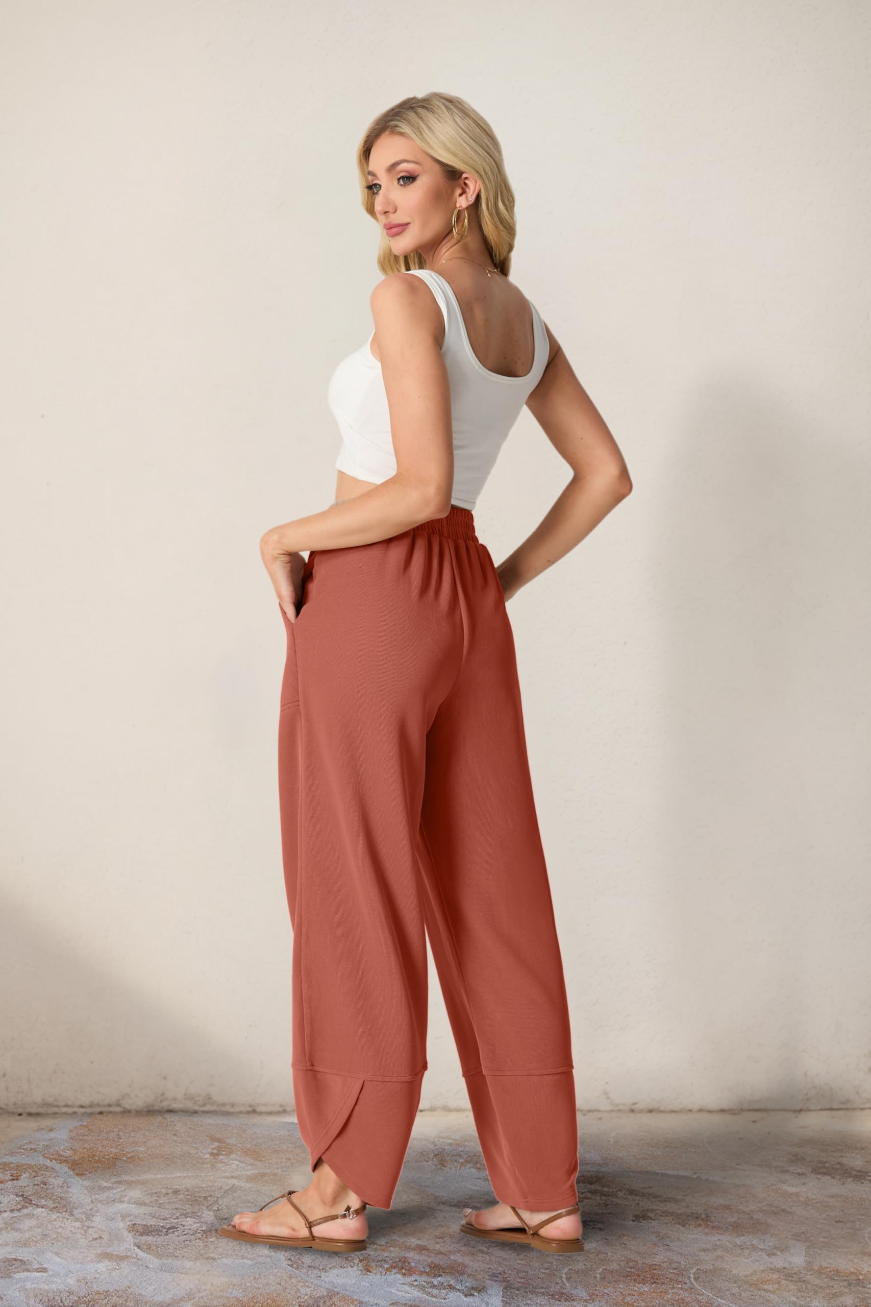 Women's Cotton Elastic Waisted Baggy Wide Leg Pants With Pockets