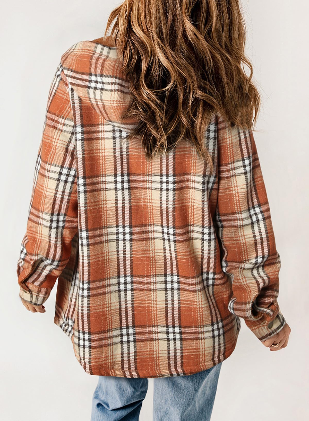  Women's Plaid Long Sleeve Button Fleece Hooded Jacket