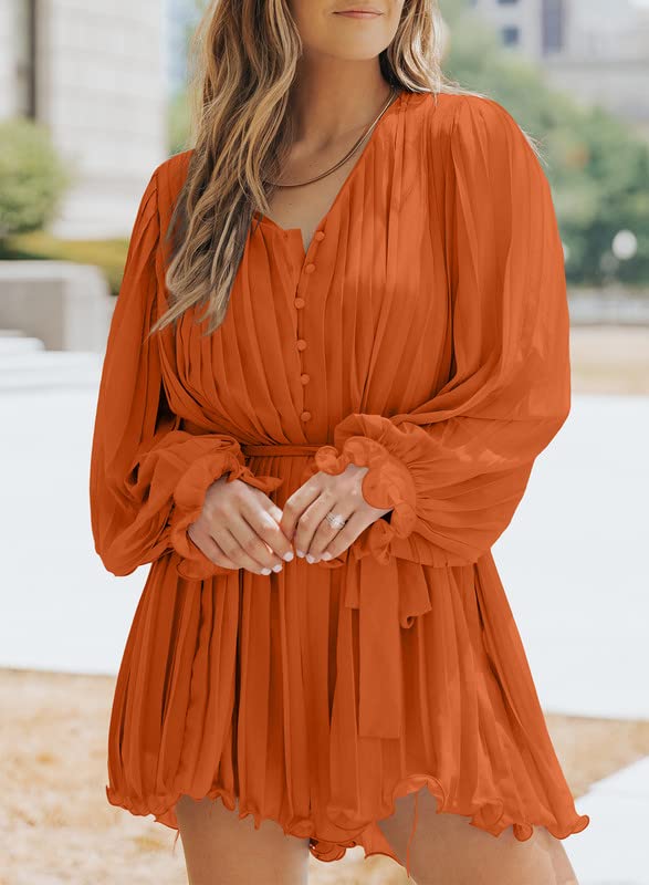 Womens Summer Rompers-Buttons V Neck Tie Waist Flared Pleated Drape Long Sleeve