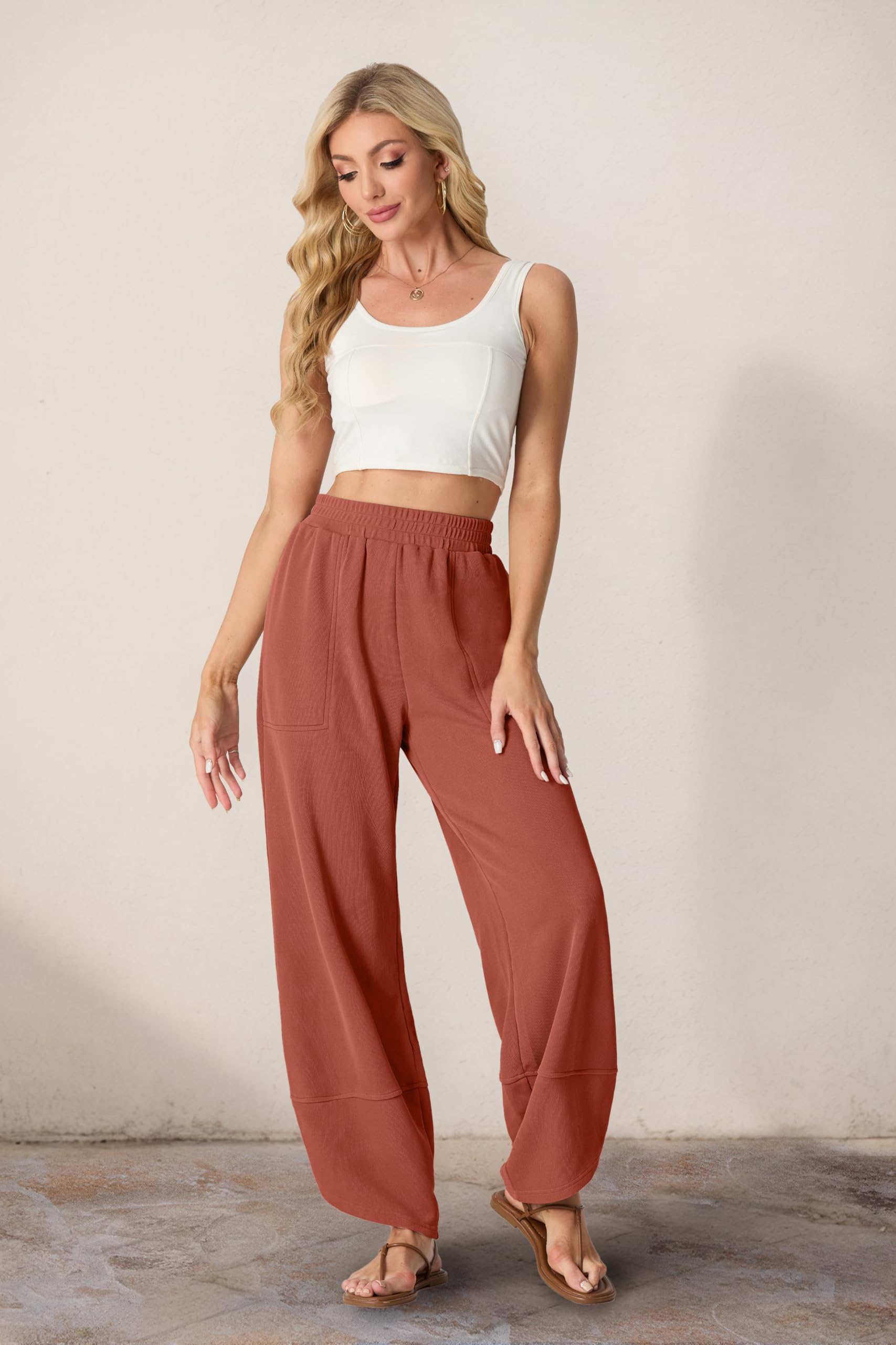 Women's Cotton Elastic Waisted Baggy Wide Leg Pants With Pockets